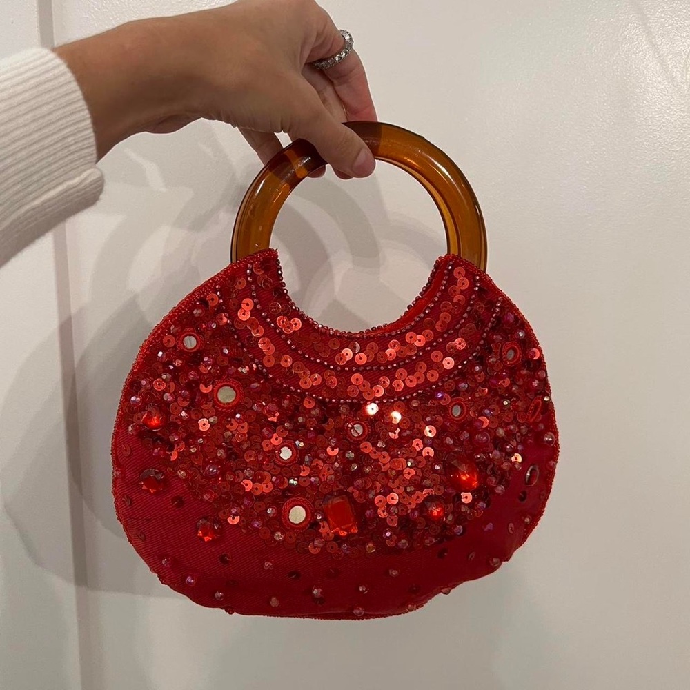 Red Sequin Handle Tote Handbag